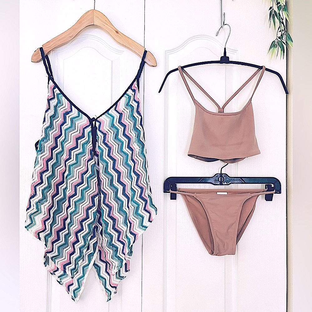 Womens Swimwear Set Pink Solid Bikini & Striped Knit Tank Button Tunic Cover Up